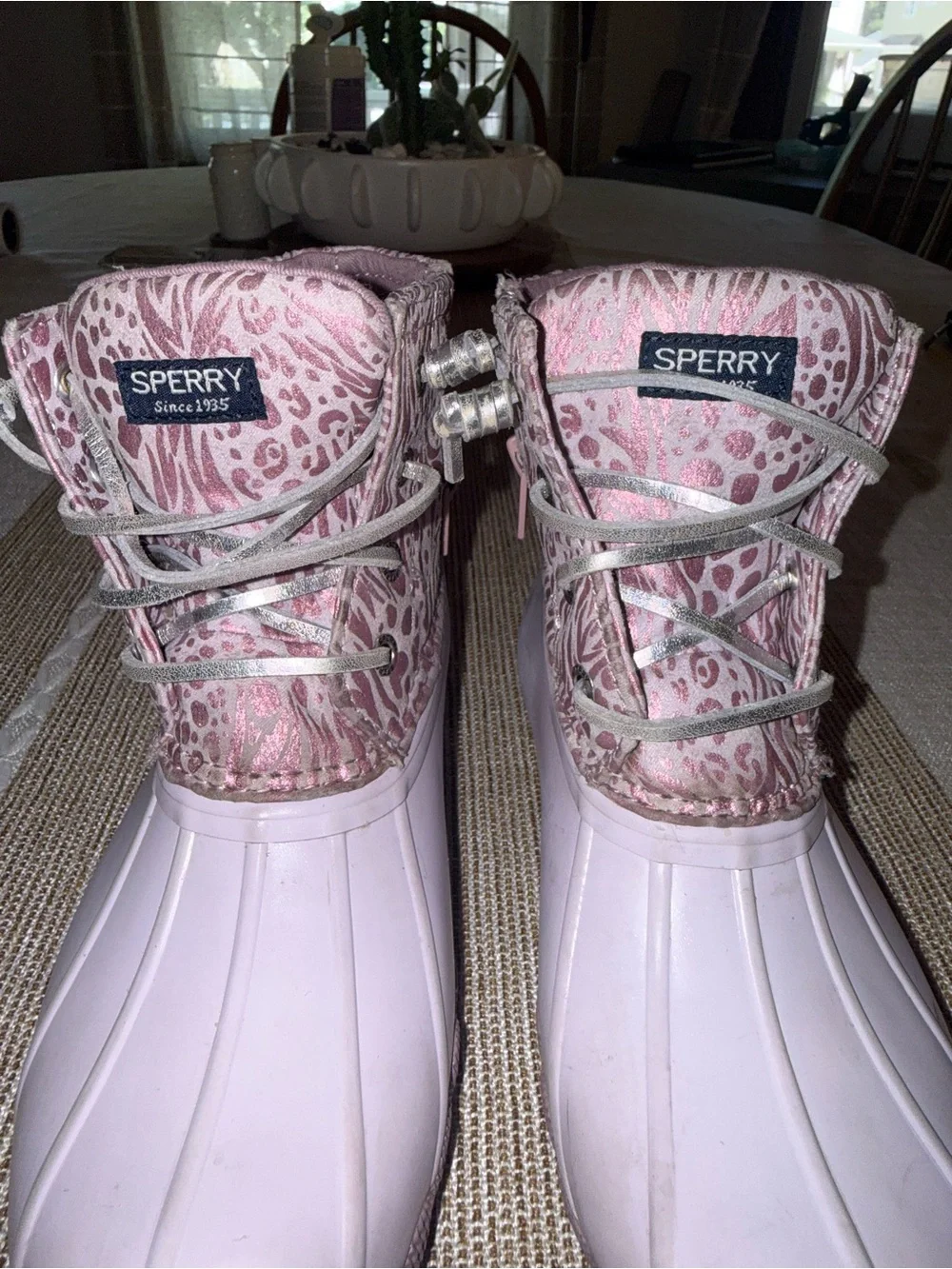 Sperry Pink/Purple Patterned Lace-Up Waterproof Duck Boots